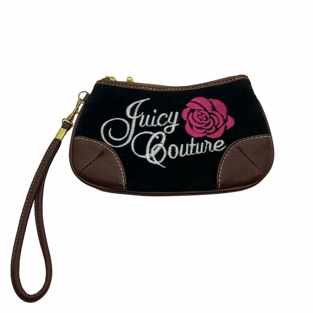 Juicy Couture Wristlet Black Brown Velour Retro y2k Embroidered Rose Pink